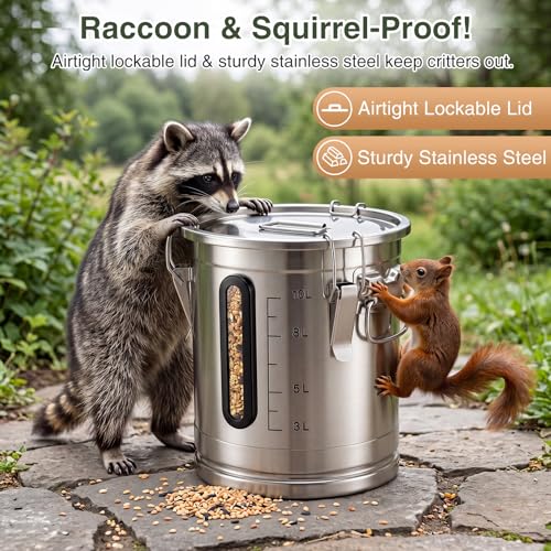 Gisafai 18 Lbs Wild Bird Food Seed Storage with Scoop Stainless Steel Transparent Window Measurement Scale Farmhouse Bird Food and Seed Locking Storage Bucket Bin Critter-Proof Bucket