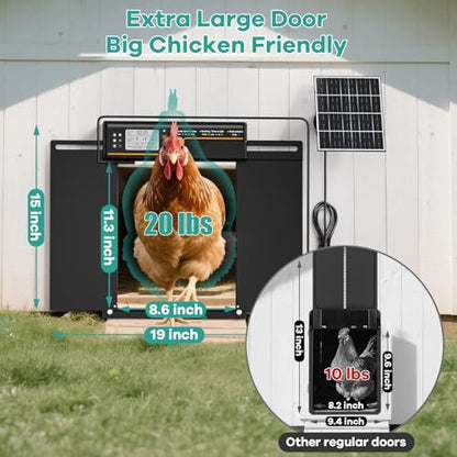 7W Solar Powered Large Automatic Chicken Coop Door, 4Modes Aluminum Horizontally Dual-Door Design with Timer & Light Sensor, Auto Chicken Door with Remote Control, Excellent Anti-Pinch