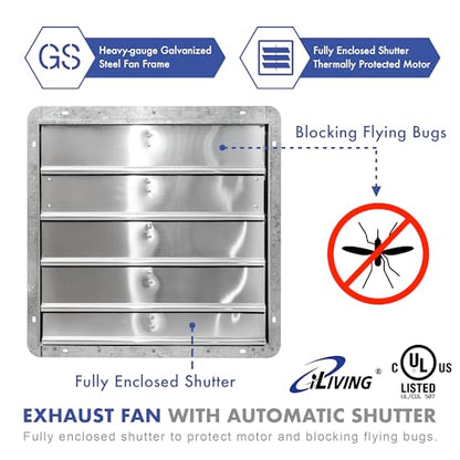 iLIVING 20" Shutter Exhaust Fan with Wireless Smart Remote Controlled Thermostat and Humidity, Variable Speed Wall Mounted Attic Vent Fan, Chicken Coop Ventilation, 3368 CFM, 5000 SQF Coverage Area - size: 20 inches
