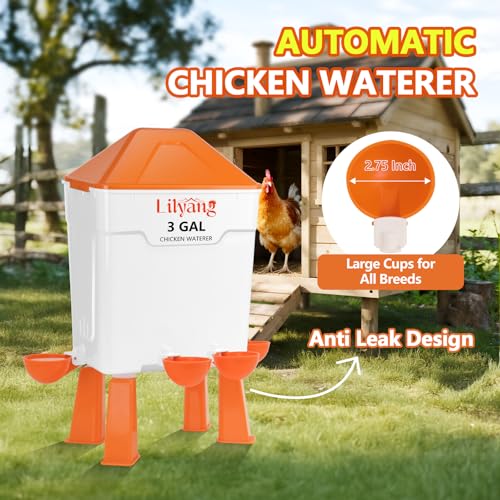 Lilyang Chicken Feeder and Waterer Set 3 Gallon, Automatic No-Waste Feeder, Large Poultry Waterer with 2.75'' Cups, Standing or Hanging Use, Feed Chickens & Ducks - color: Tangerine