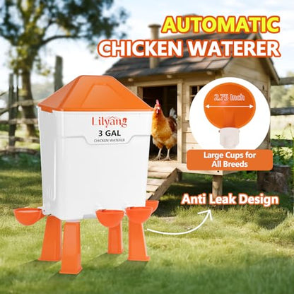 Lilyang Chicken Feeder and Waterer Set 3 Gallon, Automatic No-Waste Feeder, Large Poultry Waterer with 2.75'' Cups, Standing or Hanging Use, Feed Chickens & Ducks - color: Tangerine