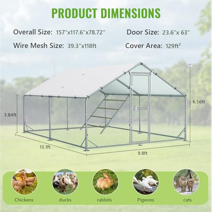 Large Metal Chicken Coop, 10x13x6.5ft Walk in Chicken Runs for Yard with Covers, Outdoor Chicken Pen with Roosting Perch and Split Door, Spire Roof Poultry Cage for Chicken, Duck