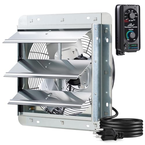 iLIVING 12" Wall Mounted Shutter Exhaust Fan, Automatic Shutter, with Thermostat and Variable Speed controller, 0.6A, 960 CFM, 1400 SQF Coverage Area Silver (ILG8SF12V-ST) - style: Plugin Thermostat & Speed Controller