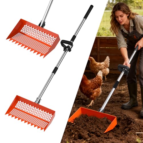 Chicken Poop Scooper & Rake 2-in-1 – 12 Inch Shovel Head & 3-Angle Adjustable 304 Stainless Steel Handle, Chicken Litter Scoop and Coop Rake & Sand Sifting Shovel for Chicken Coops, Orange - color: Orange