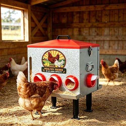 55LB Large Capacity Automatic Chicken Feeder with Window, 8 Feeding Ports Galvanized Steel No-Waste Raised Chicken Feeder with Lid & Height Adjustable Stand, Automatic Gravity Fed for Hens, Roosters