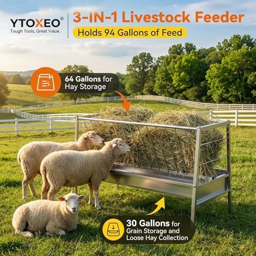 3 in 1 Grain|Water|Hay Feeder, 94-Gallon Capacity|8.0'' Deeper Feeding Pan, Stainless Steel Goat Hay Feeder, 63" Long Livestock Hay Rack for Goats, Sheep, Cow, Horse
