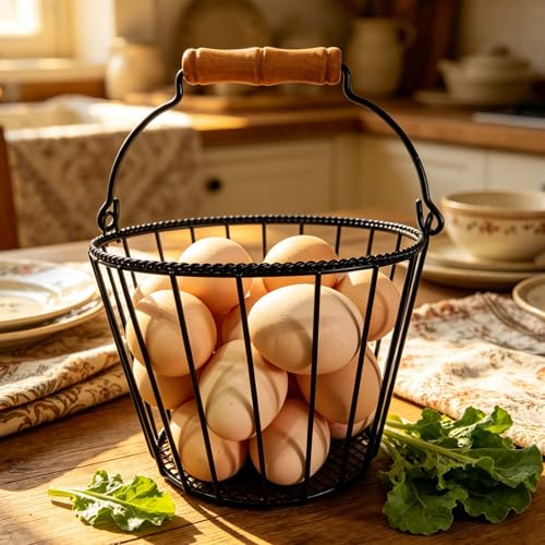 Wire Egg Basket, Black, Wooden Handle | Farmhouse Rustic, Egg Collecting, Kitchen Countertop, Chicken Coop, Easter Egg Hunt