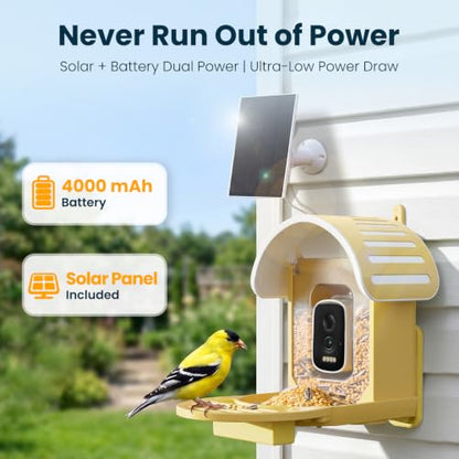 Smart Bird Feeder with Camera, Yellow | 2.5K UHD, AI Identifies 11,000+ Bird Species, Real-time Videos & Pictures, Solar Powered, Wireless for Outdoor, Gift - color: Yellow