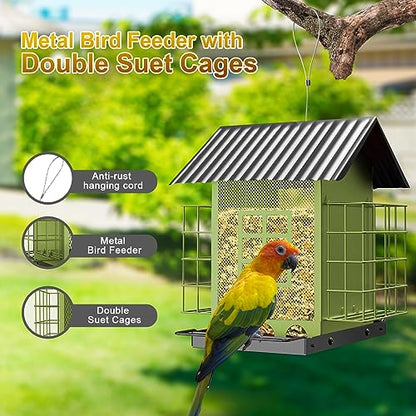 FlowaFoli Bird Feeders for Outdoors Hanging, Metal Bird Feeder with Double Suet Cage Cake, Large Capacity, Birdfeeders Sturdy & Weatherproof, Easy to Clean & Refill, Great for Attracting Wild Birds - color: Green