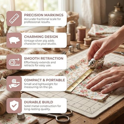 Antique-Inspired Pig Mini Tape Measure, Pig Measuring Tape with Fractions, Cute Animal Tape Measure Retractable for Sewing, Clear Markings, Easy to Read, for Crafts, Quilting, Sewing Lovers