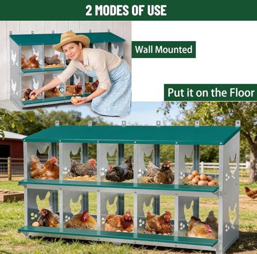 Garvee Large Metal Chicken Nesting Boxes for Hens, 10 Compartment Galvanized Steel Nesting Box, Includes 4 Fake Eggs & 10 Soft Nest Pads, Wall Mount or Freestanding for Coop & Farm - style: 10 Holes