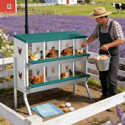 Garvee Large Metal Chicken Nesting Boxes for Hens, 8 Compartment Galvanized Steel Nesting Box with Legs, Includes 4 Fake Eggs & 10 Soft Nest Pads, Wall Mount or Freestanding for Coop & Farm - style: 8 Holes w/ Legs