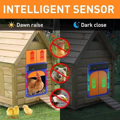 Solar Powered Chicken Coop Door with Remote, Auto Opener for Poultry. IP45 Waterproof, Anti-Pinch Safety. 4 Modes: Light Sensor, Timer, Manual, Smart Control. Durable Aluminum Construction.