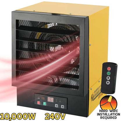 Dura Heat 240 Volt Hard-Wired Garage Heater, Remote, 10,000 Watt - EWH9615 | NO PLUG Hardwired Install Required, 2 Power Setting, Steel Body, Heat up to 1,200 sq ft, Thermostat, Wall & Ceiling Mount