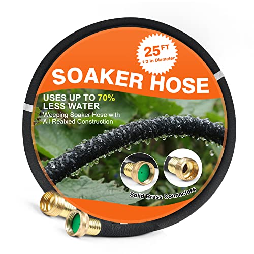 Soaker Hose 25 FT for Garden 1/2" Diameter Irrigation Hose Save 70% of Water Solid Brass Interface Eminently Suitable for Lawn and Garden Beds Cover - size: Brass 25FT