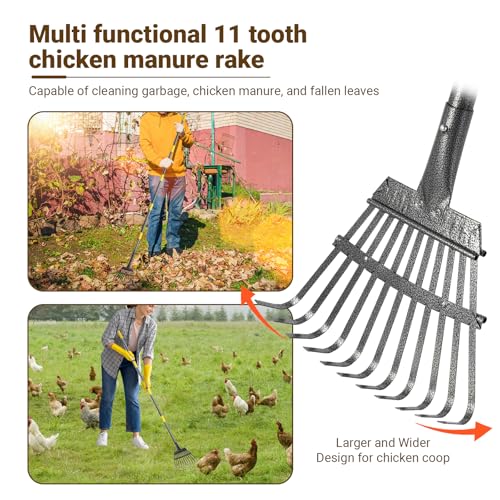 2pcs adjustable heavy 10 inch wide shovel area of chicken scooper for poop（36.6-61.8"long）and 11 tooth chicken coop rake（36.7-73"long）. Suit for cleaning chicken coops, racecourses, and sheep pens