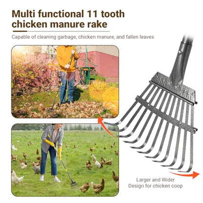 2pcs adjustable heavy 10 inch wide shovel area of chicken scooper for poop（36.6-61.8"long）and 11 tooth chicken coop rake（36.7-73"long）. Suit for cleaning chicken coops, racecourses, and sheep pens