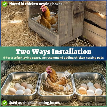 Chicken Nesting Box, 3 Pcs Stainless Steel Chicken Egg Laying Nest Boxes Tray, ChickensNesting Box Pan for Chickens and Poultry to Collect Eggs, Hens, Chickens Coop Box, Easy to Clean