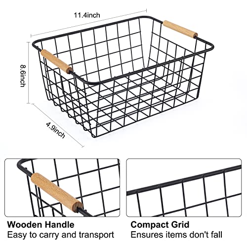 Black 2PCS Wire Storage Baskets with Wooden Handles - Organizing Pantry and Kitchen Cabinets - Metal Wire Food Storage Basket - color: Black 2PCS