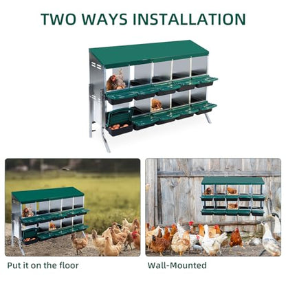 Chicken Nesting Box,10 Compartment Roll Away Nesting Box for Laying Eggs,Wall Mount Chicken Nesting Boxes,Easy Egg Collection,Cleanable Pull Out Hen Roosting Boxes 10 Hole - color: green, size: 10 holes with legs