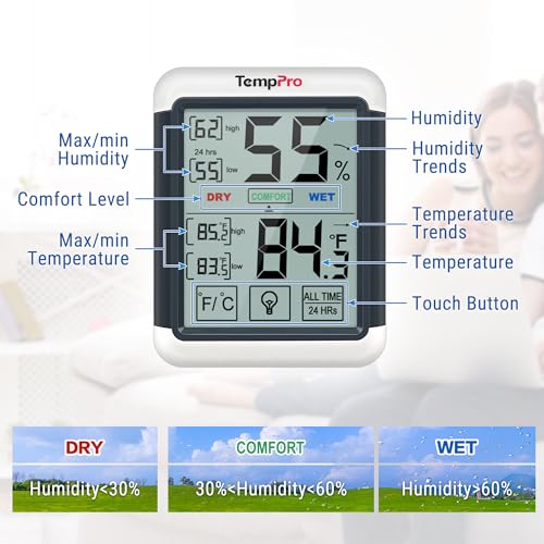 TempPro TP55 Digital Indoor Hygrometer Thermometer, 4-Inch Temperature/Humidity Monitor with Touchscreen and Backlit, Room Thermometer/Humidity Meter for House Home Greenhouse (Previously ThermoPro) - size: Indoor