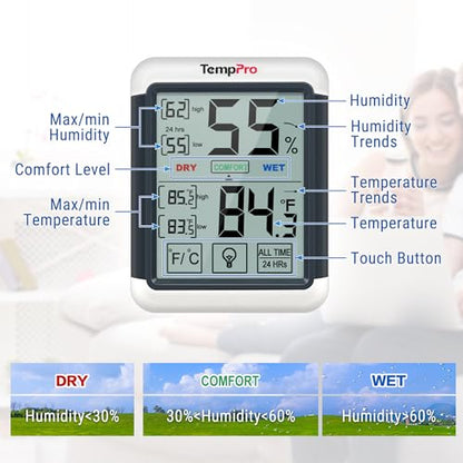 TempPro TP55 Digital Indoor Hygrometer Thermometer, 4-Inch Temperature/Humidity Monitor with Touchscreen and Backlit, Room Thermometer/Humidity Meter for House Home Greenhouse (Previously ThermoPro) - size: Indoor