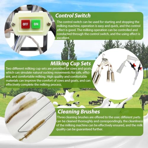 25L Electric Cow Goat Milking Machine Portable Oil-Free Vacuum Pump Milker 1440 RPM Suction Pump with 304 Stainless Steel Bucket and Regulator Farm Supply