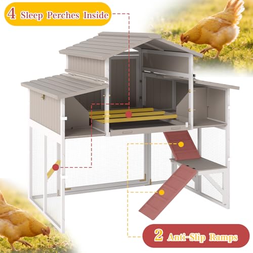 Large Chicken Coop Outdoor with Run, Expandable Hen House with 4 Nesting Boxes, Rabbit Hutch Poultry Bunny Cage for 2-4 Chickens with 4 Perches, Removable Tray and Ramp (56.3" L x 35.24" W x 52.8" H)