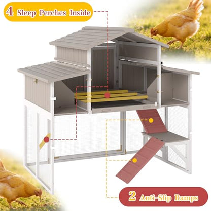 Large Chicken Coop Outdoor with Run, Expandable Hen House with 4 Nesting Boxes, Rabbit Hutch Poultry Bunny Cage for 2-4 Chickens with 4 Perches, Removable Tray and Ramp (56.3" L x 35.24" W x 52.8" H)