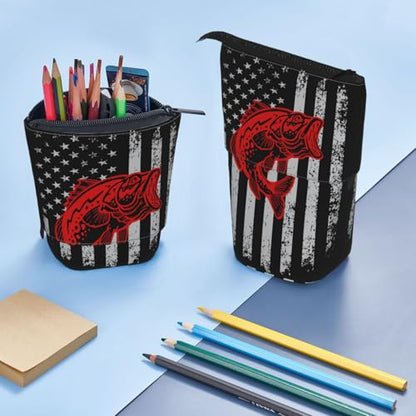 Fishing American flag Standing Pencil Case Cute Telescopic Stationary Pouch with Zipper Large Capacity Stand up Pen Bag Portable Makeup Holder for School Office Supplies - color: Fishing