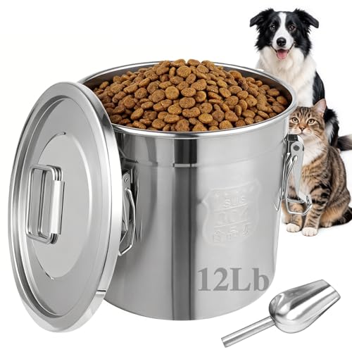 12Lbs 304 Stainless Steel Dog Food Storage Containers with Scoop, Large Pet Food Storage Container with Airtight Lid and Locking Clamp Metal Pet Food Bin for Dogs and Cats, Keep Fresh, Easy to Clean - size: 12Lbs with Scoop