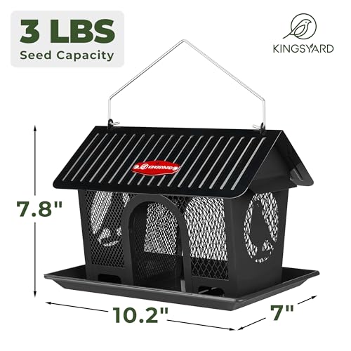 Kingsyard Bird Feeder for Outdoors Hanging, Dual-Use Metal Mesh Wild Bird Feeders with Seed Tray & Weatherproof Roof, 3 lbs Large Capacity, Black - color: Black