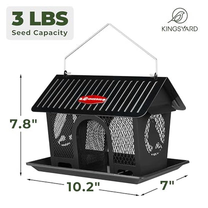 Kingsyard Bird Feeder for Outdoors Hanging, Dual-Use Metal Mesh Wild Bird Feeders with Seed Tray & Weatherproof Roof, 3 lbs Large Capacity, Black - color: Black