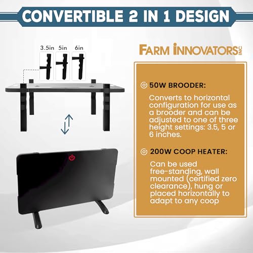 Farm Innovators 2-In-1 Radiant 200-Watt Chicken Coop Panel Heater Converts to 50W Brooder Heater for Chicks, Free Standing or can be Wall Mounted, Hung or Used Horizontally