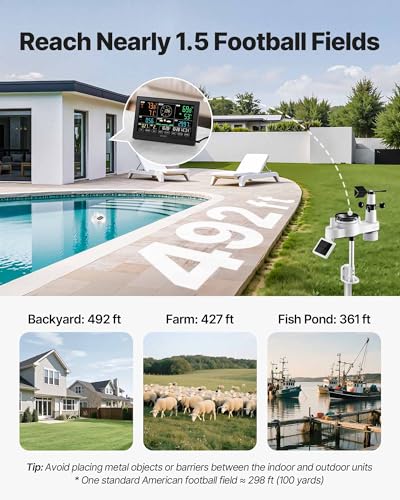 VEVOR 7-in-1 Wi-Fi Weather Station with APP, 7.5 in Display, Wireless Solar Powered Outdoor Sensor, with Pool Thermometer, Rain Gauge, Indoor Outdoor for Weather Forecast, Wind Speed, Pool Temperature - style: 7in1 WiFi with Pool Thermometer