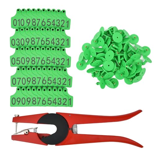50 Numbered Cattle Ear Tags Large Animal Identification Tags TPU Livestock Ear Tag for Cattle Cow Horse Hog Pig Goat Sheep Applicator Kit (001-050 Green)