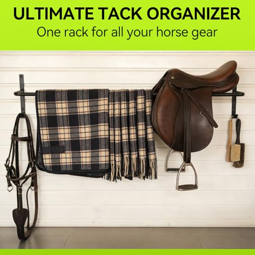 4Pcs Heavy Duty Horse Blanket Rack with Bridle Hooks, Wall Mounted Assembled Blanket Bar, Saddle Pad Rack for Horse Tack Storage, Black