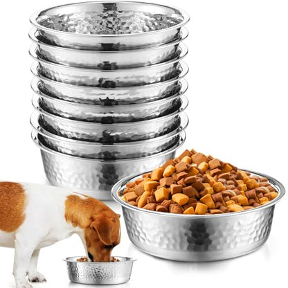 Teenyyou 8 Pcs Hammered Stainless Steel Dog Bowls 4 Cup/32 oz, 6.9 Dia Metal Pet Food and Water Bowls Bulk Thickened Durable Replacement Dish for Small Medium Large Dog (Silver) - size: 4 Cup/32 Oz, 6.9 Dia