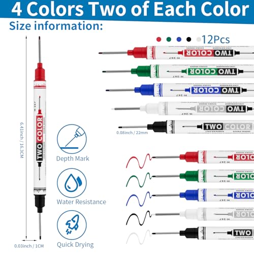 12 PCS Long Head Deep Hole Marker Pens,20mm Long Nib Marker, Longs Nose Markers, Waterproof Construction Markers Marking Tool,Permanent Markers Carpenter Ink marker Pens,Metal marking Pens - color: 12PCS-Double-ended pens-20MM-Red/Blue/Green/Black/White