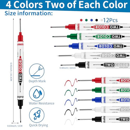 12 PCS Long Head Deep Hole Marker Pens,20mm Long Nib Marker, Longs Nose Markers, Waterproof Construction Markers Marking Tool,Permanent Markers Carpenter Ink marker Pens,Metal marking Pens - color: 12PCS-Double-ended pens-20MM-Red/Blue/Green/Black/White