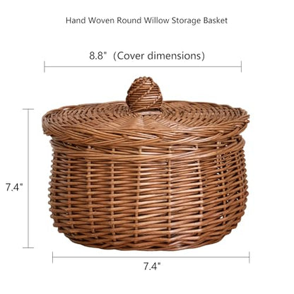 Handwoven Wicker Egg Basket with Lid, Round Farmhouse Rustic Collecting for Kitchen, Chicken Coop & Fruit