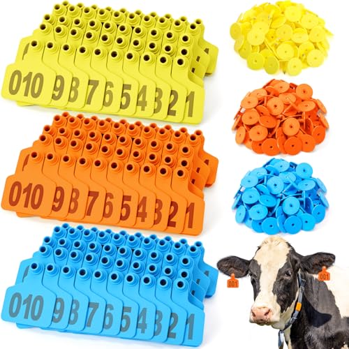 Lothee 300 Pcs Cattle Ear Tags with Number 001-100 Large Plastic Livestock Ear Tags Bulk Precision Animal Identification for Cattle Cow Horse Dog Pig Goat Sheep Farm Management, 3 Colors