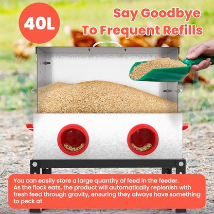 40 lb Metal Chicken Feeder with Adjustable Height Stand - Automatic Gravity Poultry Feeder No Waste - Rat Proof Galvanized Large Chicken Feed Container for Outdoor Chickens Ducks & Geese