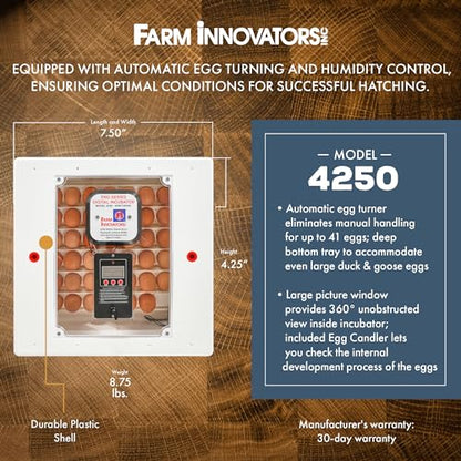 Farm Innovators Egg Incubator with Automatic Egg Turning & Humidity Control, Egg Candler w/Digital LCD Display for Improved Hatching, 4 Pack, White