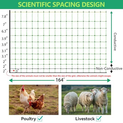 Poultry Netting Electric Fence, Portable Livestock Nets Mesh for Chickens, Ducks, Geese, Turkey, Electric Fencing for Backyards, Homesteaders, Farms, Ranches (Green, 41.5" H x 164' L Poultry)