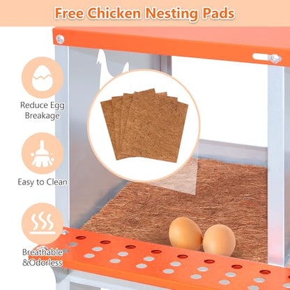 Galvanized Steel Chicken Nesting Box 4 Bay Wall Mounted Predator Proof for Hens and Ducks Easy Egg Collection Vented Design Easy Assemble Orange Coop Equipment (4 Compartment) - size: 42.5"L x 17.0"W x 15.0"H