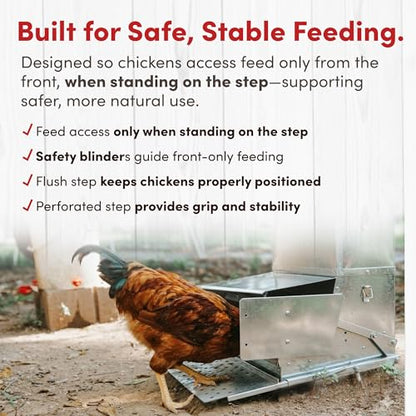 RentACoop 40 lb Automatic Treadle Chicken Feeder, Metal Rat Resistant Poultry Feeder, Rainproof No Waste Step-On Feeder for Chickens, Bantams, Ducks, Pheasants, Outdoor Covered Feed Bin - style: 40LB Treadle Feeder