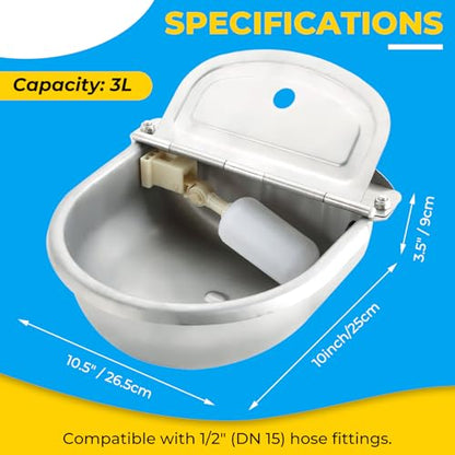 NATGAI Automatic 304 Stainless Steel Waterer Bowl, Automatic Cow Drinking Water Bowl with Float Valve Water Trough Farm Grade for Horse Cattle Goat Sheep Dog (Without Drainage Hole)