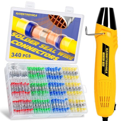 haisstronica 340 PCS Solder Seal Wire Connectors with Mini Heat Gun Kit, Waterproof Heat Shrink Wire Connectors, 10-26 AWG Solder Stick Wire Connectors for Automotive, Marine & Wiring Repair - size: 340PCS