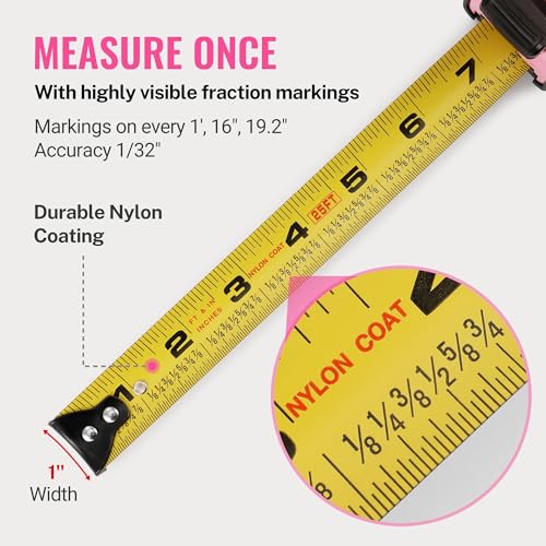 WORKPRO 25-FT Tape Measure with Fractions, 3 Brakes Retractable Measuring Tape, Compact Measurement Tape with Magnetic Hook, Nylon Coating Blade Accuracy 1/32”, Pink - style: 25-FT